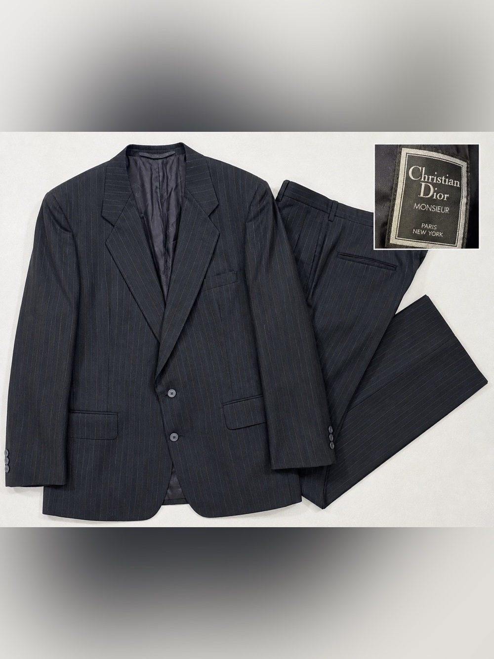 Vintage Christian Dior Monsieur Navy Pinstripe 2 Piece Suit Blazer Pants COA